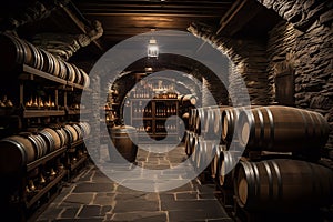 old dark wine cellar with stone walls. wooden, old barrels for wine or whiskey, aging drinks