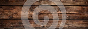Old dark wood planks texture background, vintage brown wooden long boards of barn wall. Panoramic wide banner. Theme of rustic