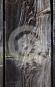 Old dark wooden board, plank, closeup, with natural patterns, drawn from the weather, abstract, textured background,