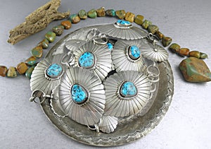 Old Dead Pawn Native American Southwestern turquoise Concho Belt on silver disht