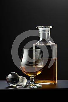 Old decanter and glass with whiskey, cognac or brandy