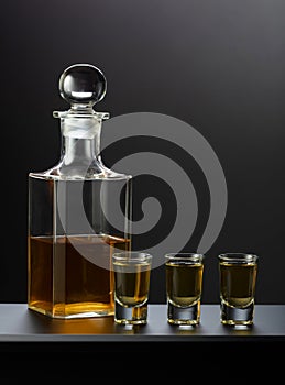 Old decanter and glasses with strong alcoholic drink