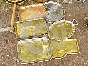 Old decorated brass tray with handles