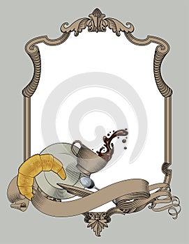 Old decorative frame and ribbon banner with falling coffee cup, spilling water, saucer, plate, spoon and bagel