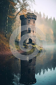 Old decrepit outpost tower by the lakeside in the forest. Misty day.