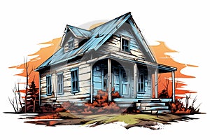 old decrepit small house and yard graphic white background