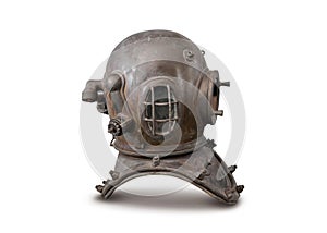 Old deep sea diving metal helmet isolated on white background