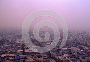 Old Delhi, aerial view of suburbs with pollution cloud