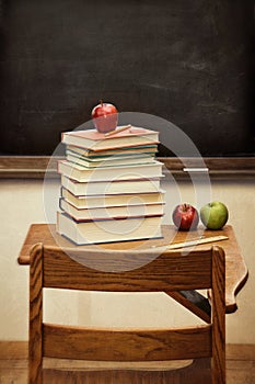 Old desk with a stack of books with vintage look