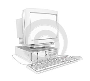 Old Desktop Computer with a Blank White Screen Monitor, Keyboard and Mouse Isolated