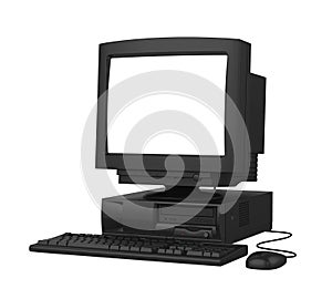 Old Desktop Computer with a Blank White Screen Monitor, Keyboard and Mouse Isolated