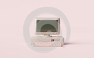 Old desktop computer monitor with blank screen,keyboard isolated on pink background.concept 3d illustration or 3d render