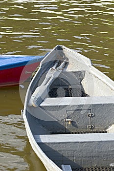 Old destroyed boat left on the river