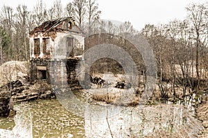 Old destroyed building of the hydroelectric plant with moss-grown walls is located in a forest surrounded by dry grass and shrubs