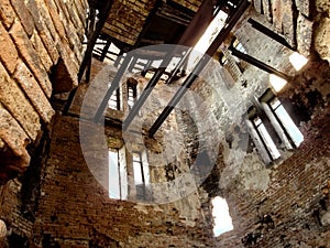 Old destroyed Tower of the former city baths inside in Putivl Sumy, Ukraine