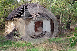 old destroyed Ukrainian hut in the village. abandoned traditional