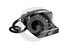 The old dial phone is dirty and scratched isolated on white
