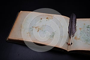 An old diary with stained pages and a small bird& x27;s feather. Notebook on a dark table