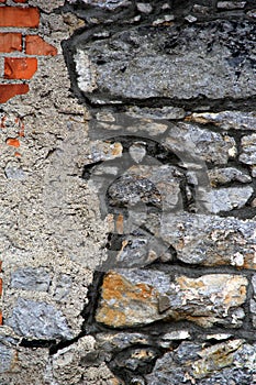 Old, dilapidated brick and stone wall