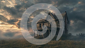 an old dilapidated house, weathered by time and neglect, in a realistic photograph that evokes a sense of nostalgia and