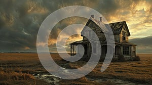 an old dilapidated house, weathered by time and neglect, in a realistic photograph that evokes a sense of nostalgia and