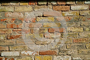 Old dilapidated rough brick red wall with stains.