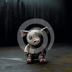 An old, dingy stuffed piglet, isolated, and left behind.