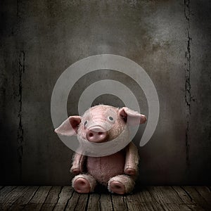 An old, dingy stuffed piglet, isolated, and left behind.