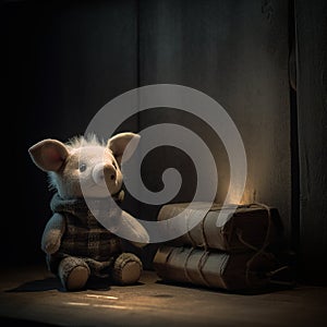 An old, dingy stuffed piglet, isolated, and left behind.