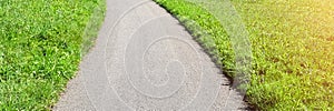 An old dirt road and bright green grass, sunbeams on both sides of the road. Long banner with copy space