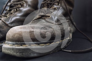 Old dirty brown shoes, close up