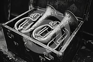 Old dirty case holds two tarnished old-fashioned trumpets. Generative AI