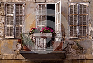 Old dirty facade flowers Jaffa Israel