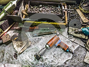 Old dirty metal workbench backround photo