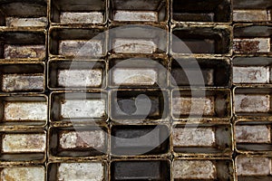 Old dirty oven baking tray. Loaf empty baking tin