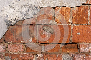Old dirty red brick wall requires repair. Background image