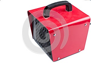 Old and dirty red electric heater  on white background.Copy space photo