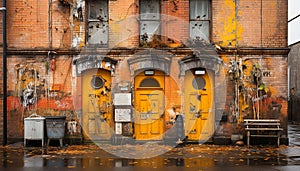 Old, dirty, rusty building with yellow walls, abandoned and weathered generated by AI