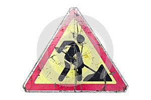 Old dirty rusty scratched triangular red border yellow road sign