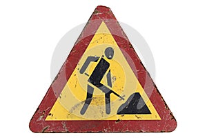 Old dirty rusty scratched triangular road sign `Road works`