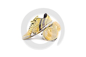 Old dirty yellow  football shoes damaged on white background football  object isolatedshabby  yellow futsal sports shoes  on white