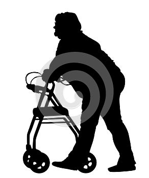 Old disabled woman using a walker silhouette . Senior woman active life with medical support.