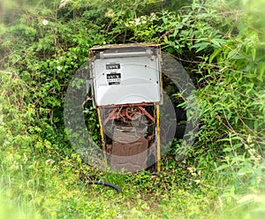 Old discarded petrol pump being overgrown by nature