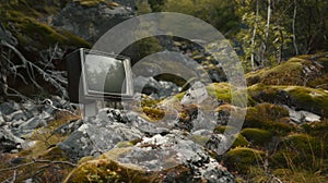 Old discarded television thrown away in a wild nature. The concept of environmental protection