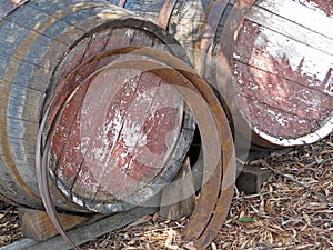 Old Discarded Wooden Wine Barrels