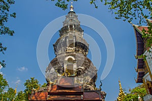 Old distinctive chedi at Wat Ku Tao (Temple of the Gourd Pagoda) in Chiang Mai, Thailand. The temple is called ku tao because of i