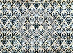 Old distressed blue damask wallpaper