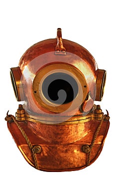 Old Diving Brass Helmet Isolated White Background Diver Retro Equipment