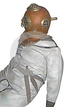 Old diving helmet and a diving suit on white