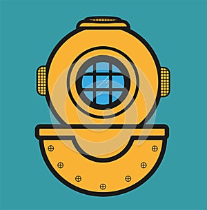 Old diving helmet vector drawing on a blue background